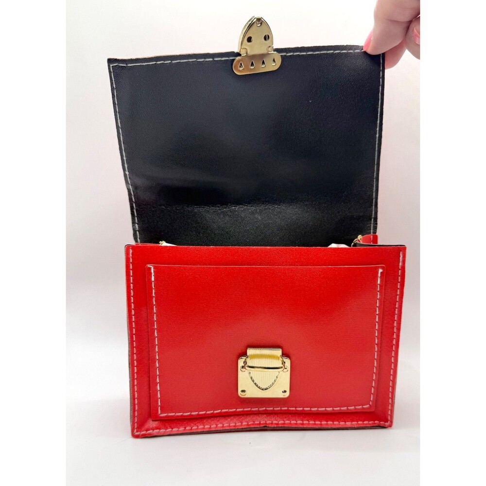 Red Chic Faux Leather Crossbody Bag Small Square Gold Chain Shoulder Purse NEW - Picture 4 of 6